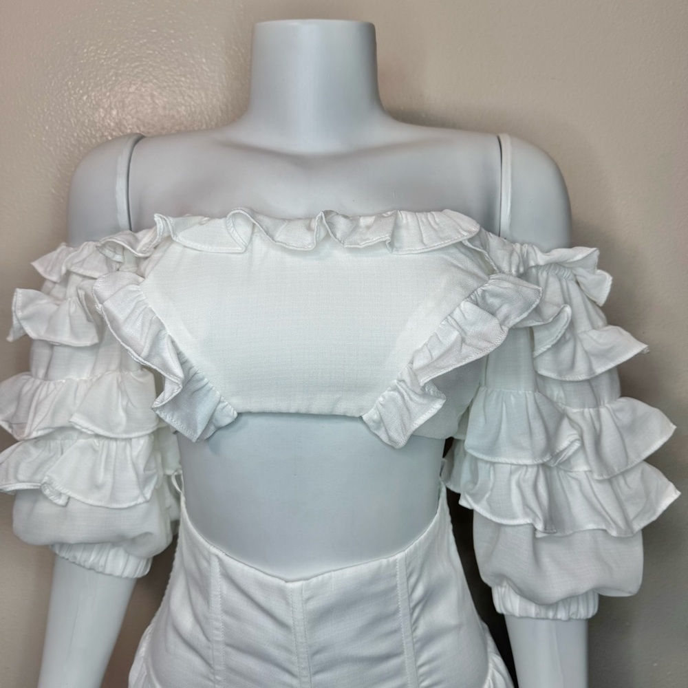 White off the shoulder ruffle crop top high waisted wide leg pants set - Picture 4 of 8